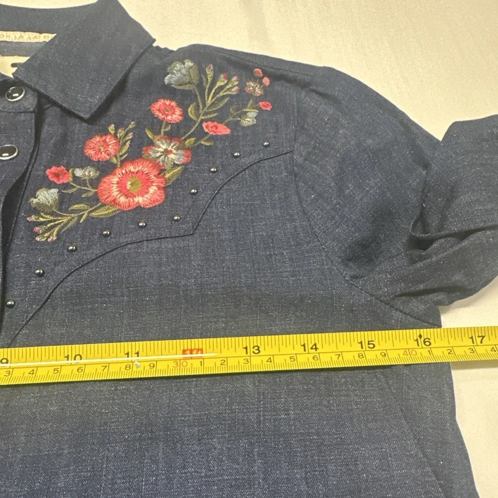 Kate Spade Women XXS Floral Embroidered Chambray‎ L/S Shirt Blue Denim Western
